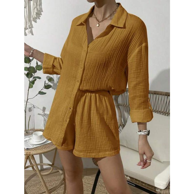 Women's Spring and Summer Fashion Solid Colour Long-sleeved Shirt Suit Women Casual Loose Shorts Two-piece Set