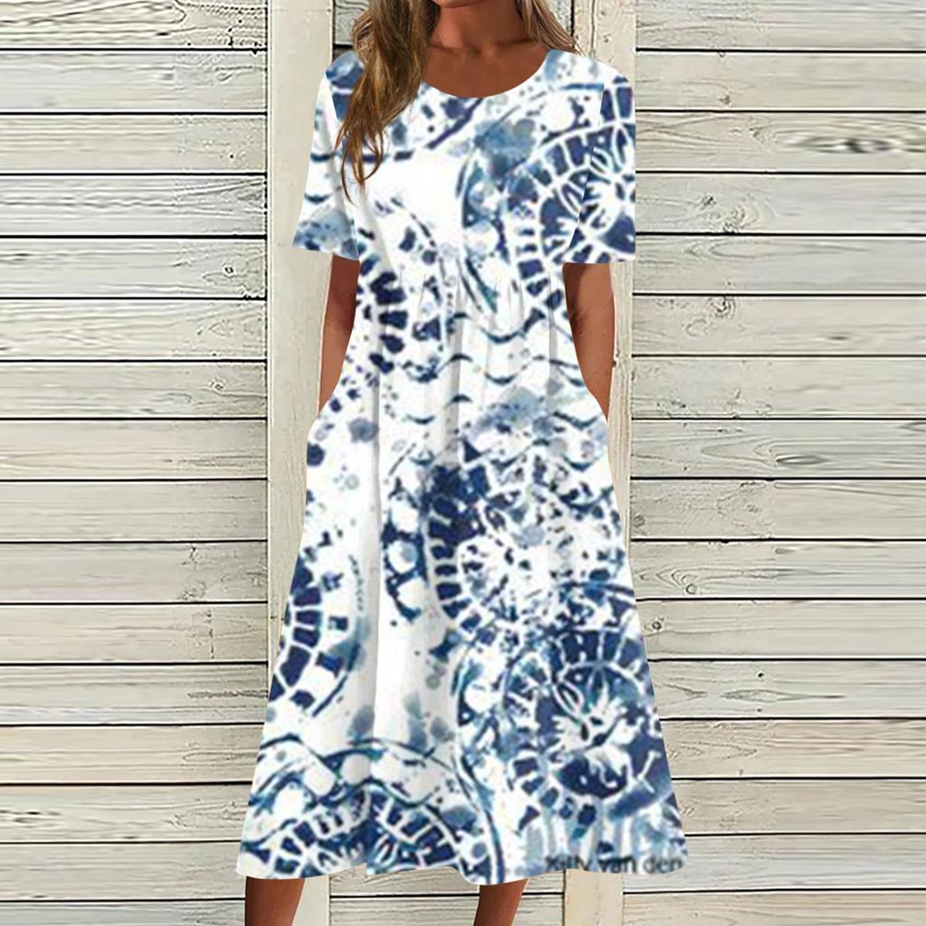 Damen-Freizeitkleider, bedruckte Kleider, Sommerkleider, bedruckt, plissiert, Rundhals-Midi-Kleider, Basic, klassisch, Outdoor, täglich, kurzärmelig, lockere Kleider