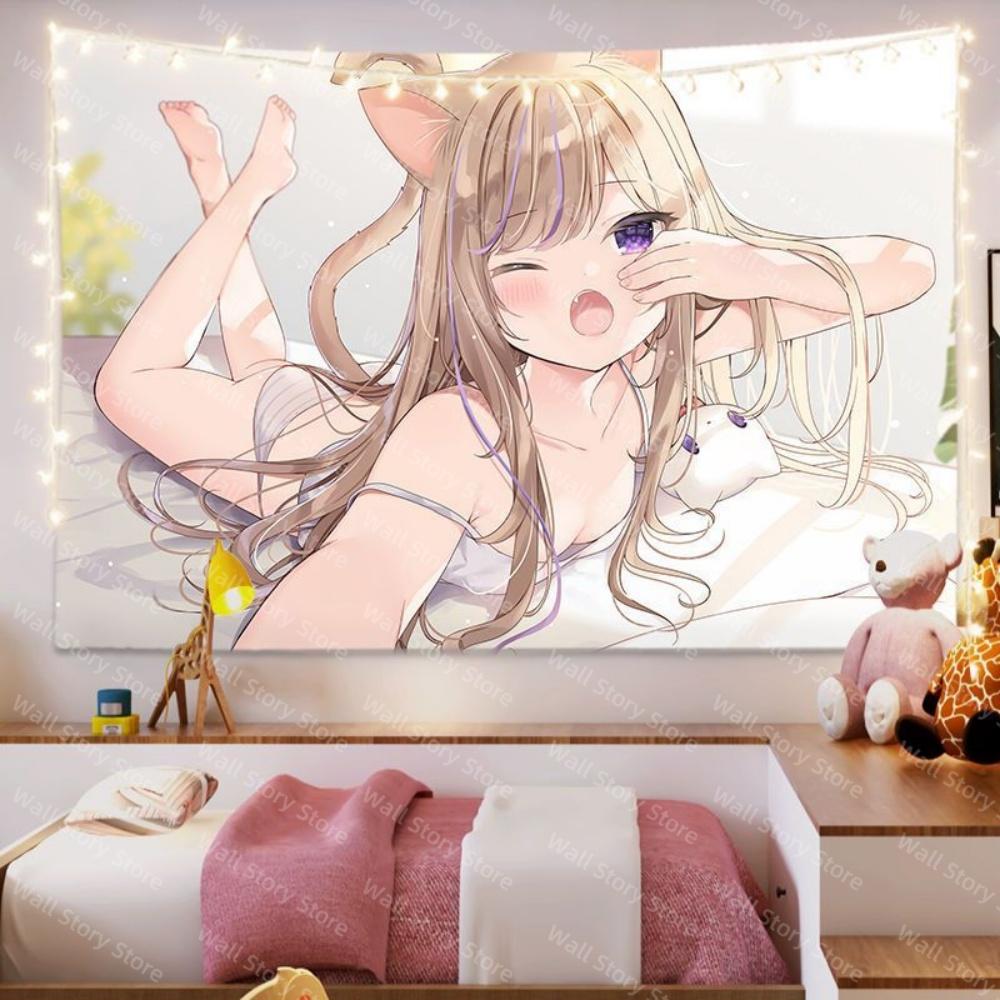White cat girl Second dimension background Tapestry mafuyu wall cloth cat ear girl Tapestry Bedroom Tapestry wall decoration 74x94cm(29x37in)