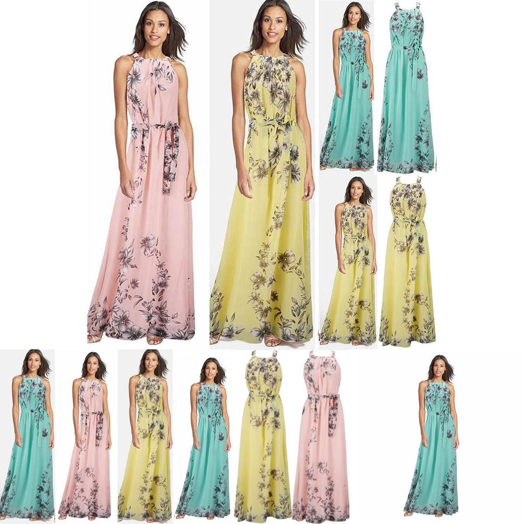 Elegant Plus Size Womens Floral Sleeveless Belted Maxi Long Dress For Summer Parties