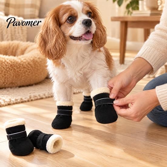 Comfortable Outdoor Dog Gear 4Pcs Winter Booties, Fleece Lined Snow Boots, Warm Adjustable Protective Paw Wear for Dogs Protectors with Non-slip Soles