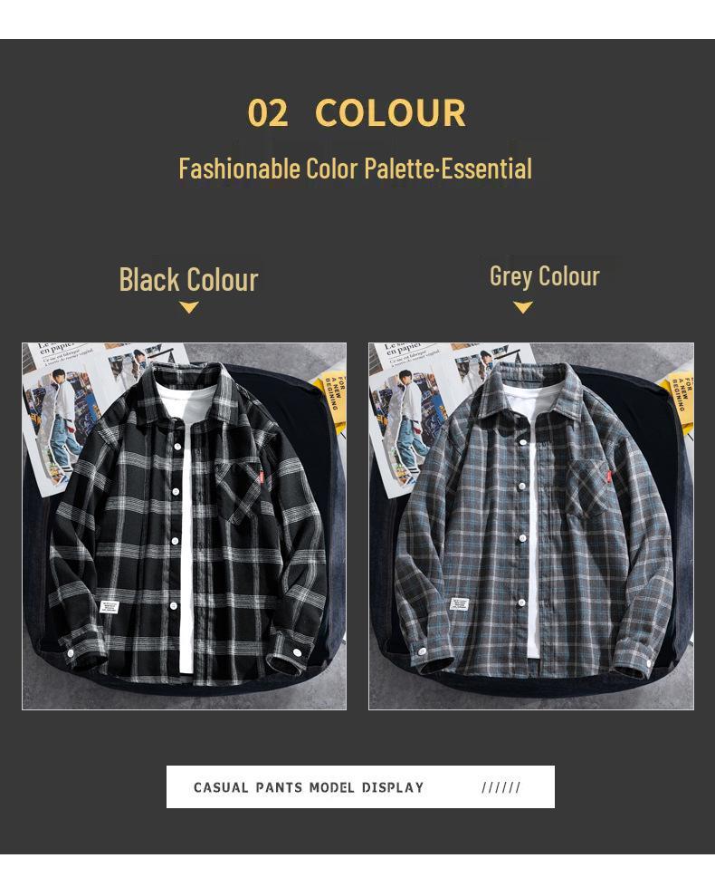 Men's Long-Sleeve Plaid Shirt, Loose Fit, Harajuku Style, Perfect for Spring and Autumn.