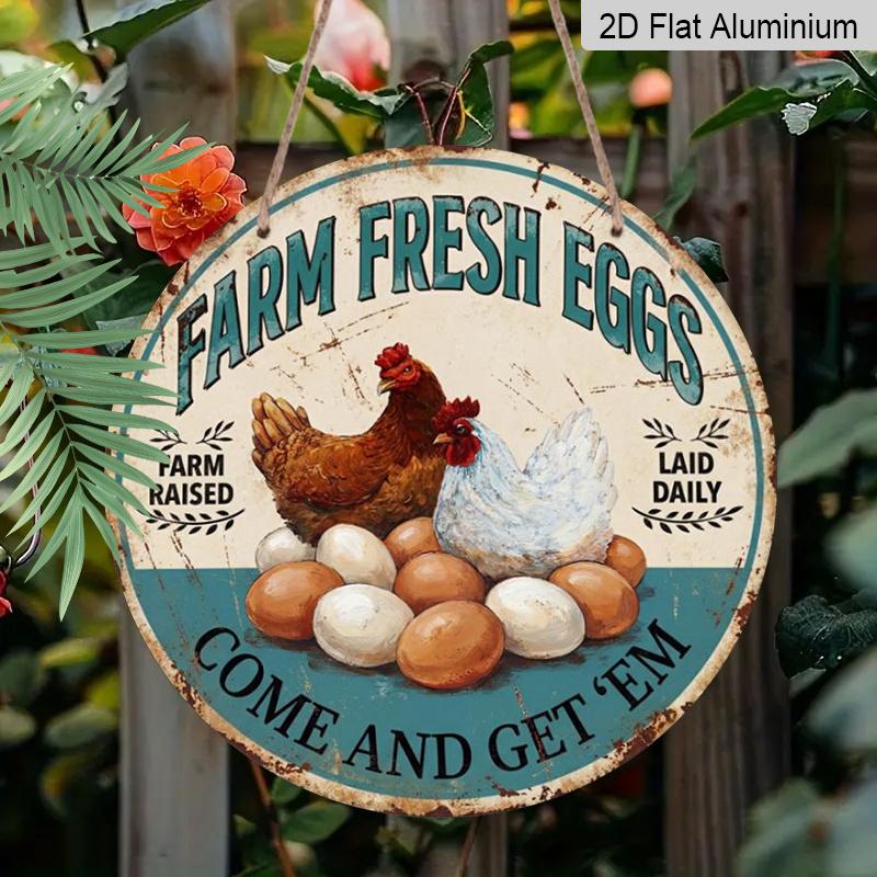 2D Flat 1pc, 8x8 In, Fresh Eggs From The Farm Metal Sign - Rustic Farmhouse Aluminum Metal Decorative Signs & Plaques, Durable Indoor/Outdoor