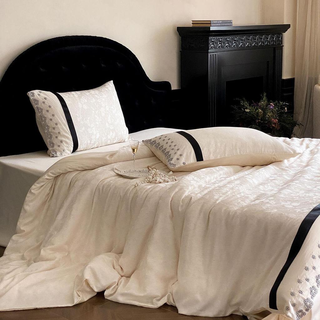 Elegant Princess Tencel Cotton Linen Blend Jacquard Bedding Set with Lace Trim - 4 Pieces