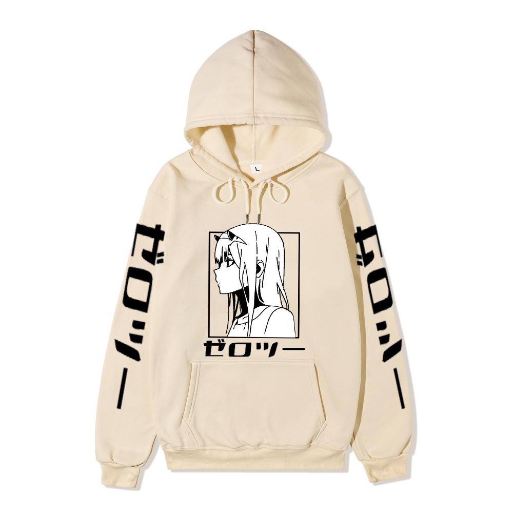 Zero Two Side Profile Anime Hoodie Japanese Letter Print Black Casual Long Sleeve Hooded Sweatshirt Pullover