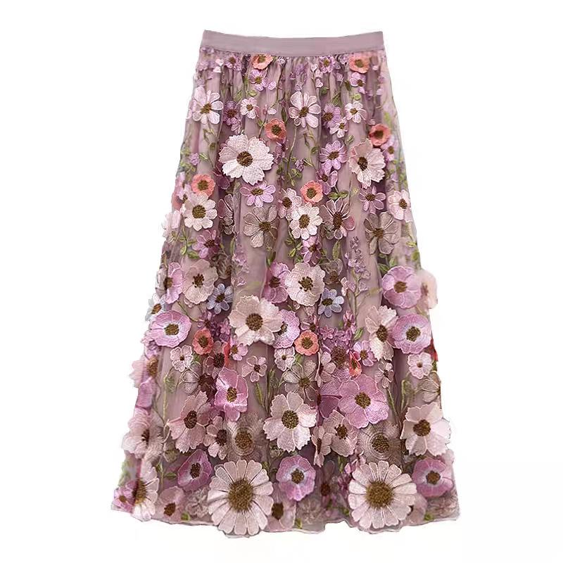 French Retro Embroidered Sunflower Lace High-Waisted Midi Skirt One Size розовый