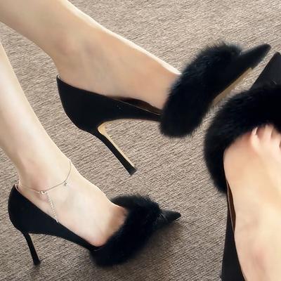 2025 primavera nuevo punta ligera boca de luz gamuza de lana zapatos de una sola pieza mujer sexy negro banquete V-boca tacón de aguja alto