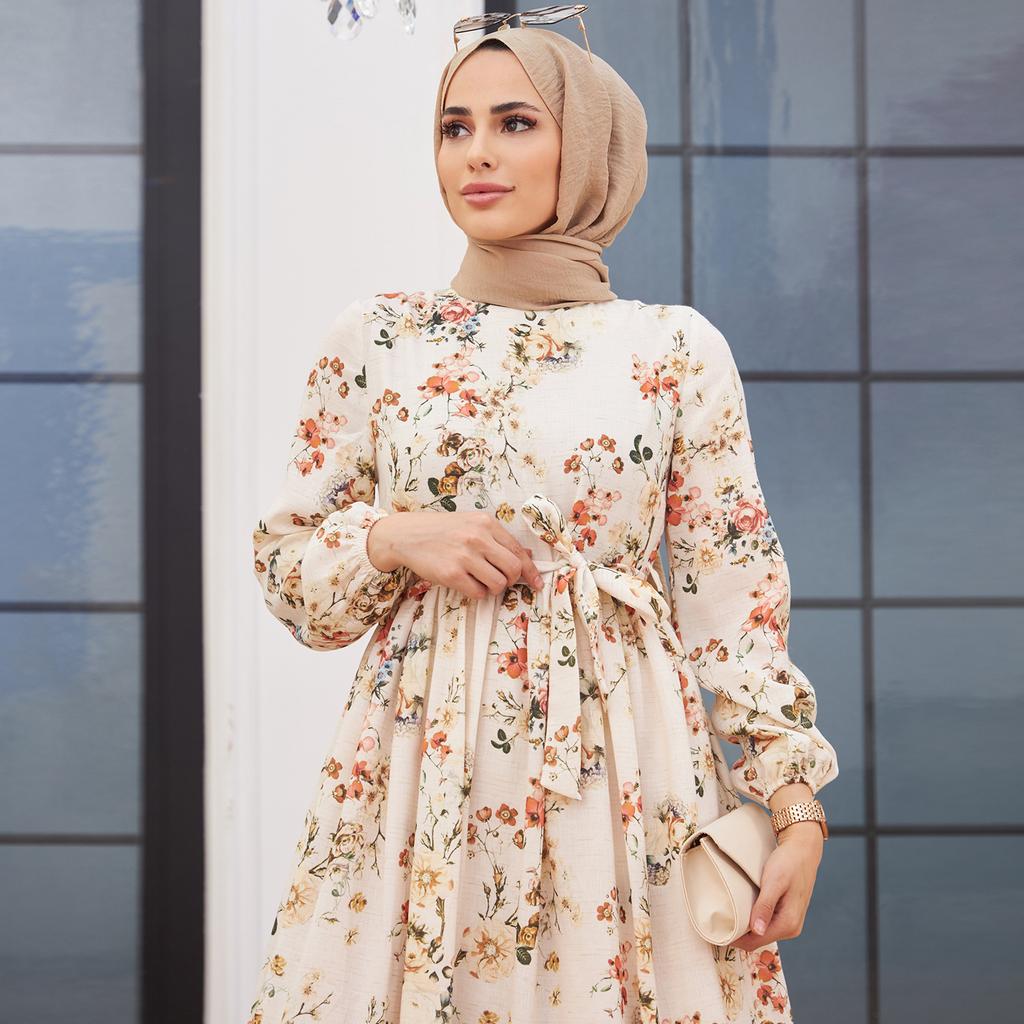 Rochie de in pentru femei cu model floral de vară, islamică, musulmană, cu mânecă lungă, Abaya cu brâu, căptușită sezon nou Fabricat în Turcia