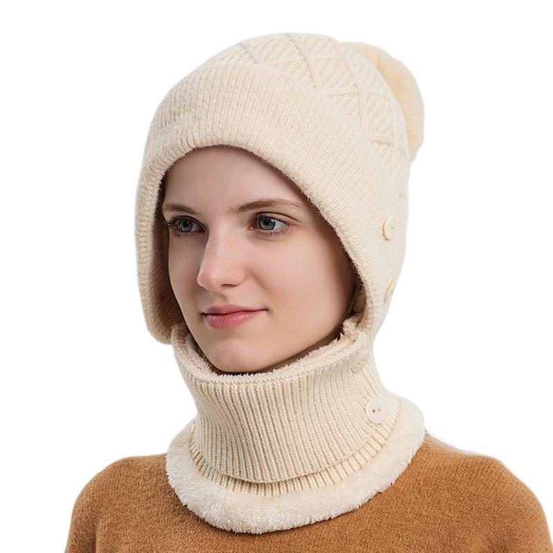 Hat and scarf integrated women's autumn and winter warm knitted hat cycling fleece pullover hat windproof ear protection wool hat