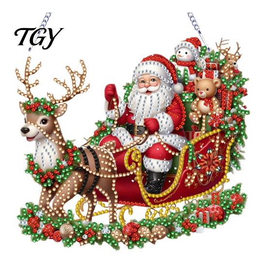 Sparkling Hanging Ornaments Christmas Faux Diamond Art Kit, Santa Snowman Ornament DIY Double Sided Acrylic Pendant with Rhinestones Craft Kit