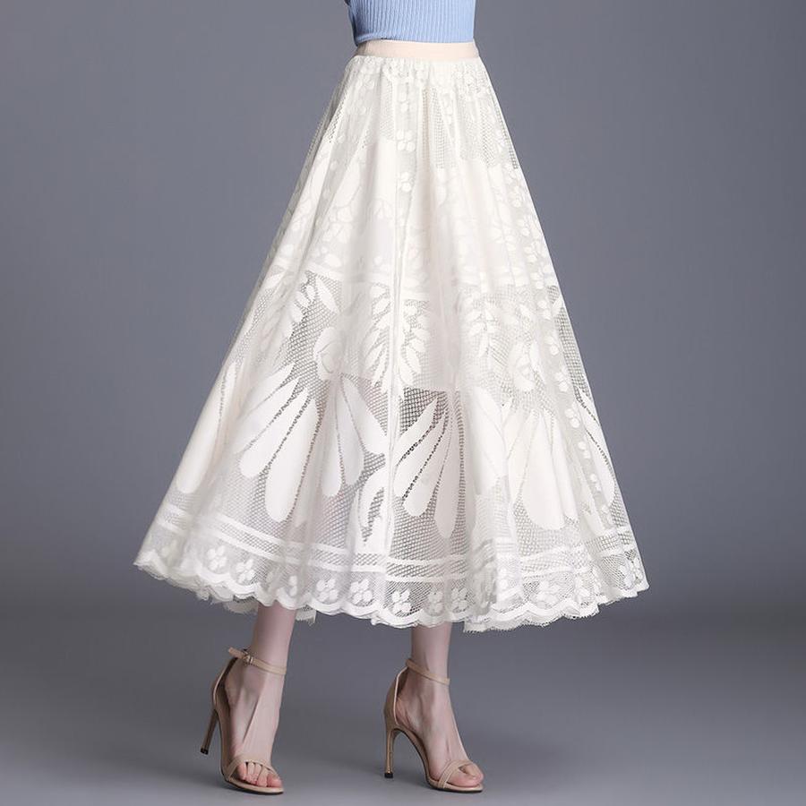 Trendy Lace Trim Long Maxi Skirt, Slimming Effect Mesh Fairy Ruffles Dress