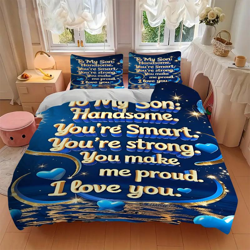 3pcs Son Love Message Duvet Cover Set, Cover For Bedroom Guest Room (1 Duvet Cover + 2 Pillowcase, Without Quilt), yy250922207
