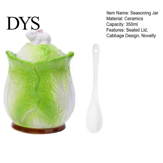 Salt And Sugar Cellar Ceramic Cabbage Shaped Lard Jar with Lid Spoon, 350ml Kitchen Sealed Sauce Pot Spoon Seasoning Container, Multi Purpose Storage