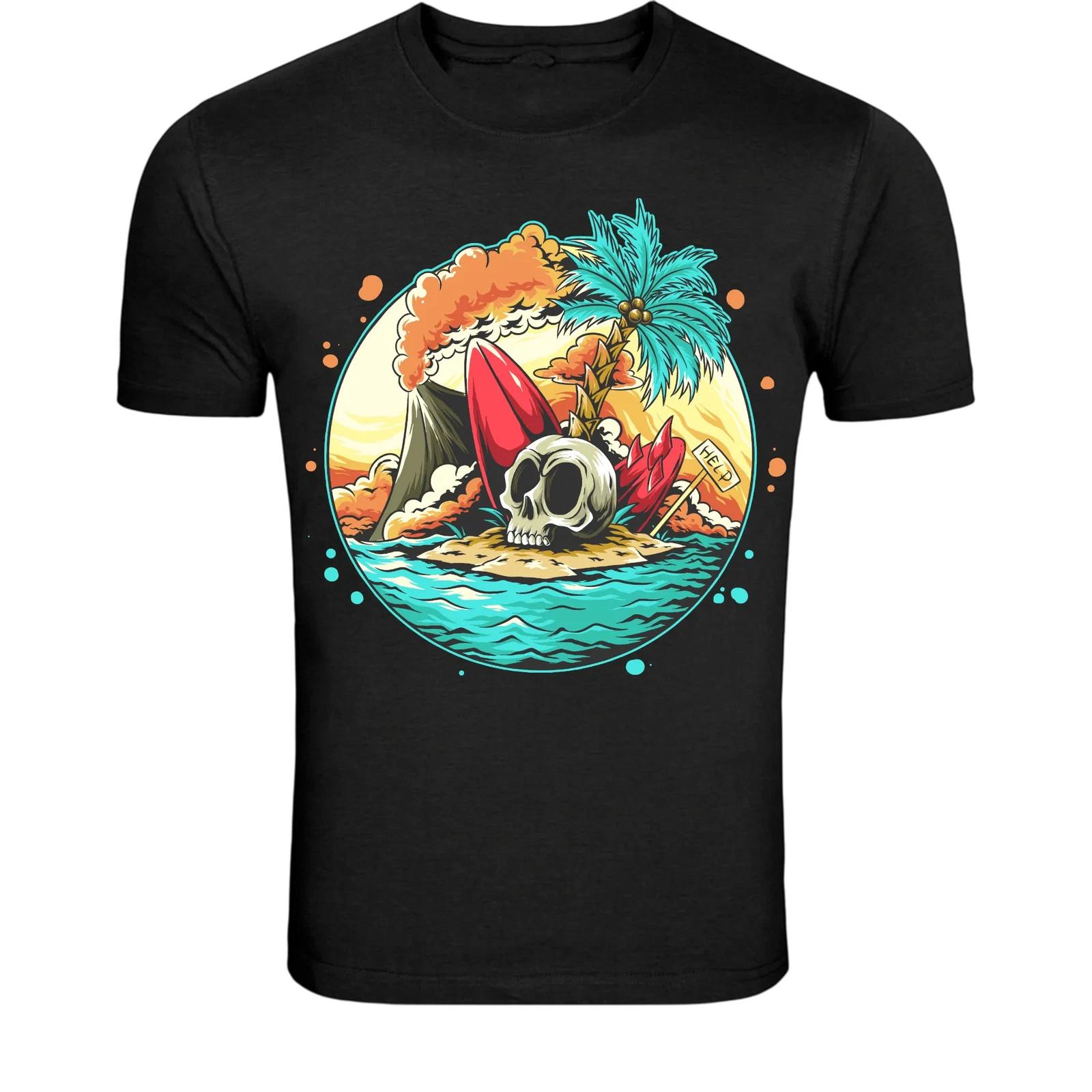Skull Island Volcano Surf T-Shirt - Dark Tropical Skull Graphic S