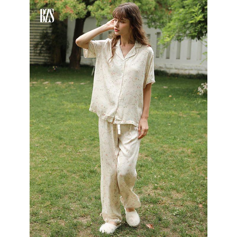 2024 Outer Wear Pajamas Women Summer Thin Short sleeve Top Trousers Satin Bourette Floral Homewear Two-piece Set