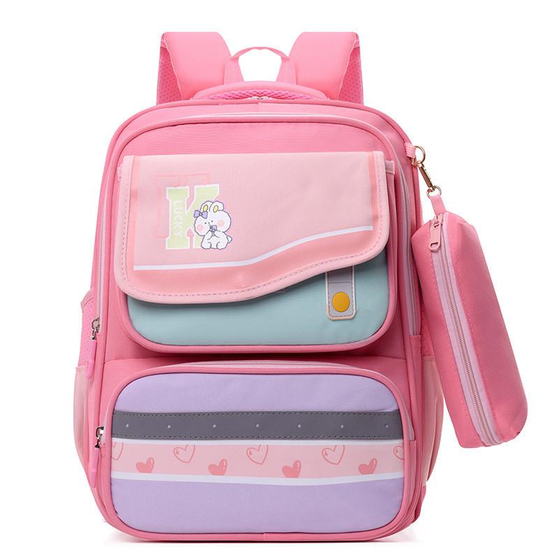Lightweight Spine-protecting Backpack For Children With Fun Cartoon Designs And Pencil Case Pink
