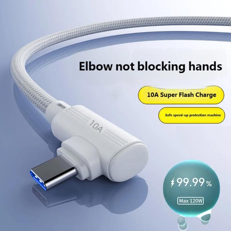 10A Fast Charging Braided Cable Right Angle USB C Cable Data Transfer Cord Suitable for Gaming and Quick Charging