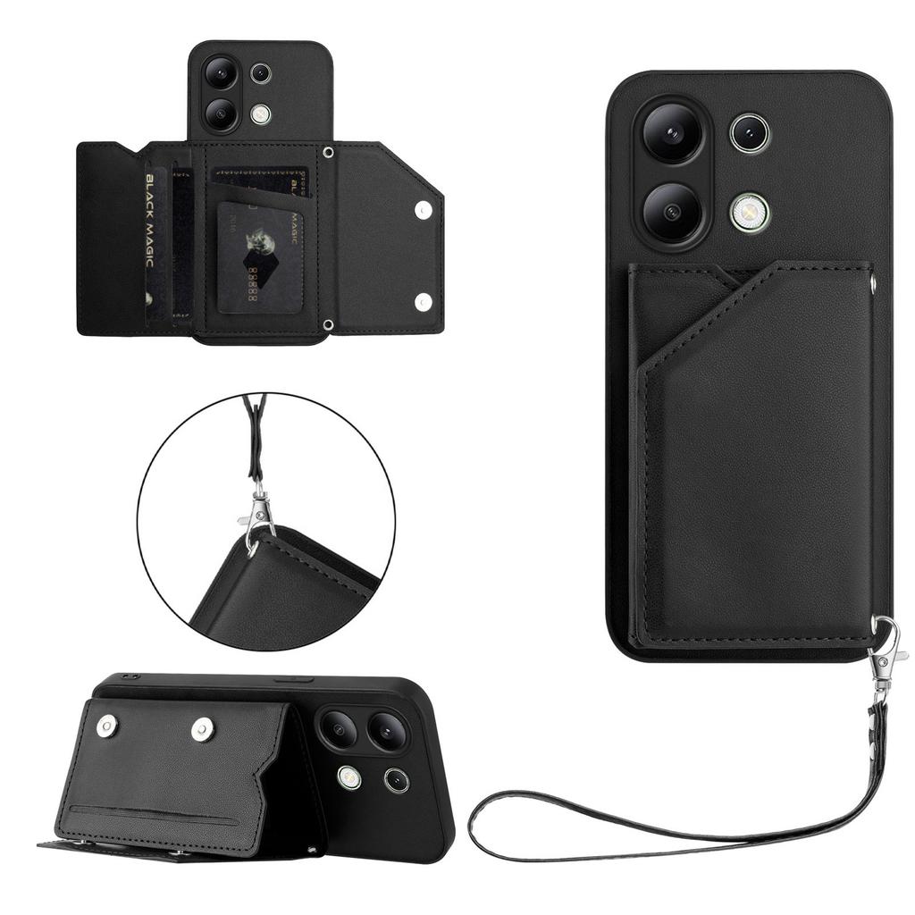 For Xiaomi Redmi Note 13 4G Case Card Holder Kickstand Skin-Touch Phone Cover with Wrist Strap