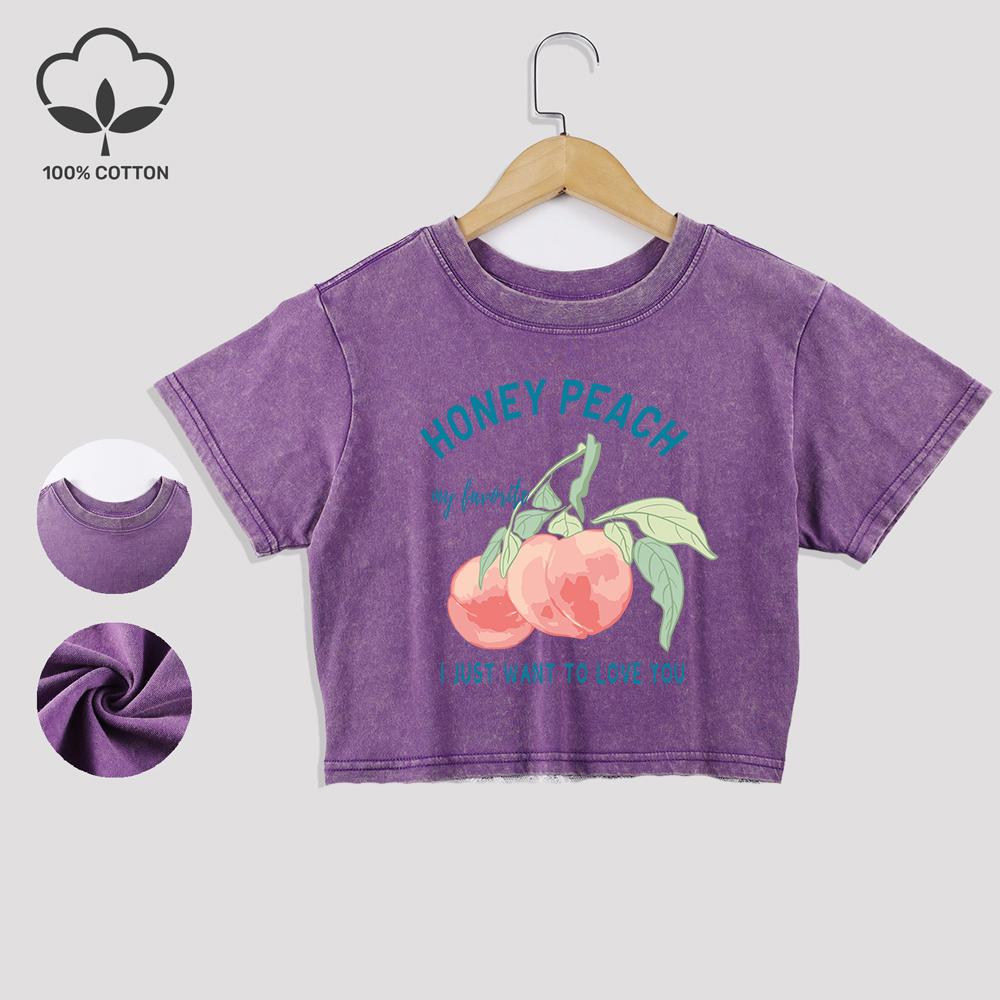Honey Peach Letter Illustration Prints Cotton Crop Tees Summer Lace Hem Washed T-Shirts O-Neck Distressed Tops Casual Clothes