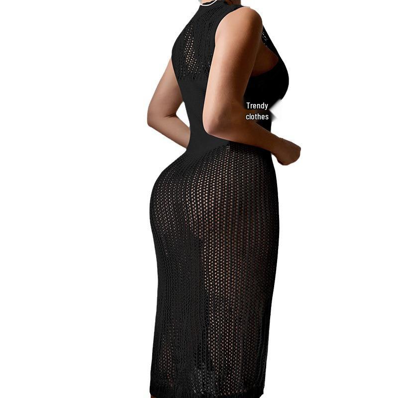 European & American Beach Vacation Sexy Solid Color Knit Split Sun Protection Maxi Dress