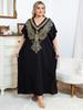 EDOLYNSA Vintage V-neck Gold Eagle Embroidery Plus Size Black Kaftan Robe Women's Long Dress Summer Holiday Beachwear Swimsuit Coverup Q1682
