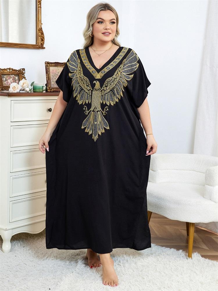 EDOLYNSA Vintage V-neck Gold Eagle Embroidery Plus Size Black Kaftan Robe Women's Long Dress Summer Holiday Beachwear Swimsuit Coverup Q1682