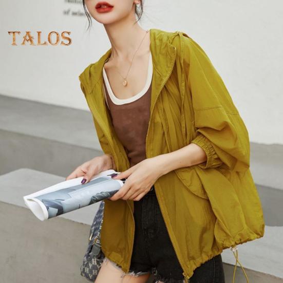 Sonnenschutzkleidung für Damen, mit Kapuze, Kordelzug, langärmelig, Sommermantel mit Taschendekoration, Sonnenschutzkleidung