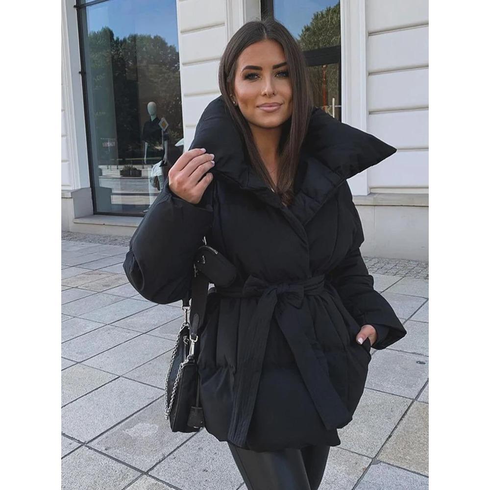 Unifarbener Schnür-Baumwollmantel Damenmode Revers Langarm Tasche Warm Locker Kurze Jacke Dame Winter Pendeln Straße Oberbekleidung