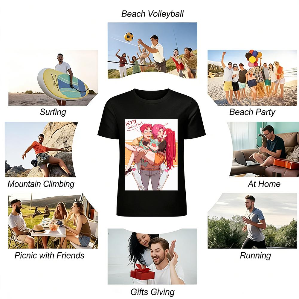 Funny Anime Three-Person Interaction Print Top Trendy Unisex T-Shirt With Jealous Scene Pure Cotton T-shirt