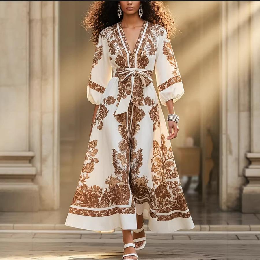Vintage Casual V-Neck Floral Long Sleeve Women's Dress Maxi Dress Spring New Arrival