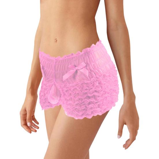 Men Sexy High Waist Underwear Mesh Lace Shorts Panties with Bowknot Decor Solid