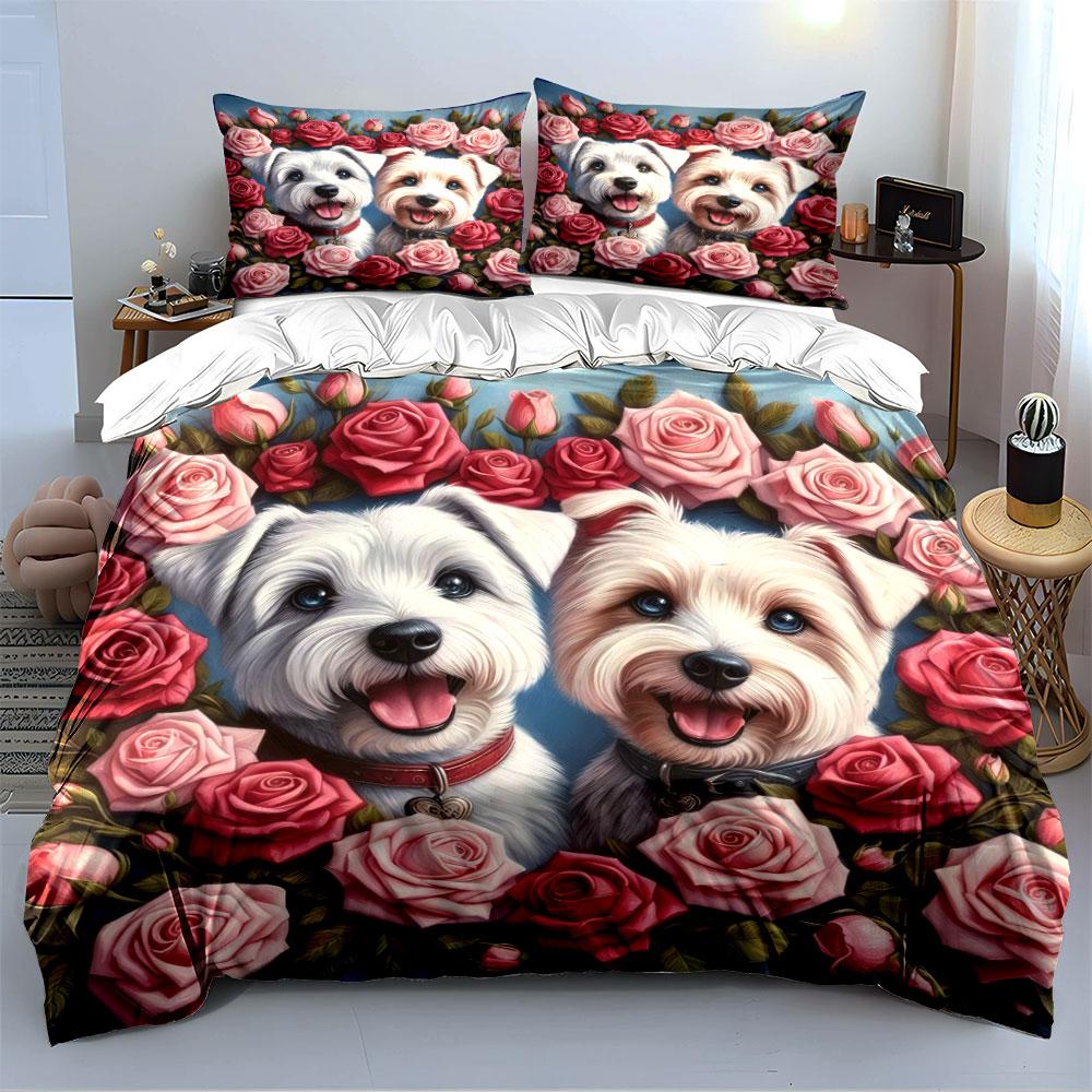 Süße Hunde mit rosa Rosen Bettwäsche Bettbezug Set (1*Bettbezug 2*Kissenbezüge, ohne Bettdecke)