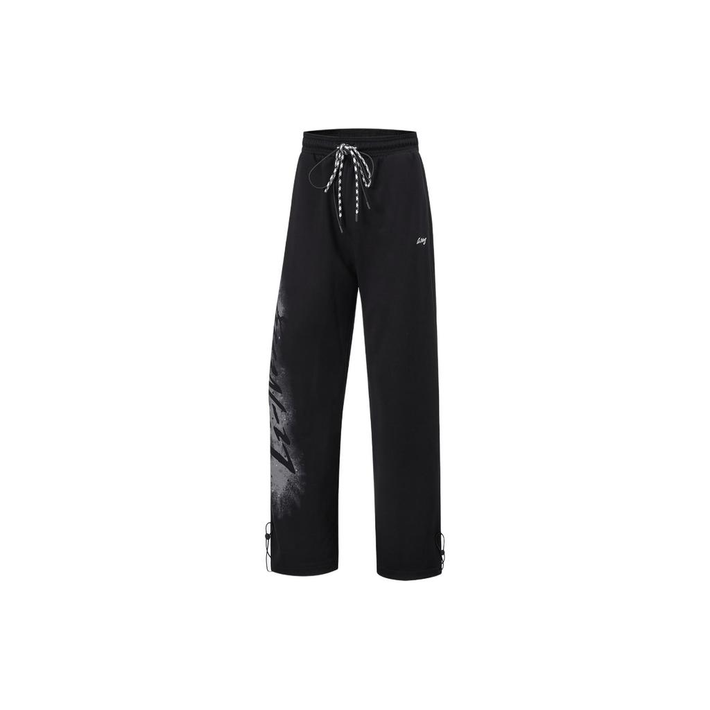 Li Ning Fitness Series Letter Print Drawstring Straight Loose Knit Sports Pants Women Bottoms Black AKLU112-3