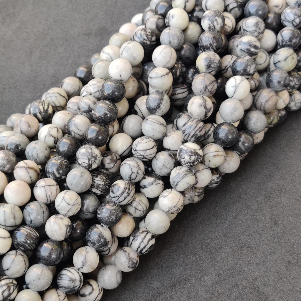 Size 6 MM 8 MM 10 MM Size, Genuine Natural Polish Stone Web Jasper Gemstone Beads, Black Round Loose Beads.