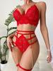 Red Lace Mesh See Through Bra and Panty Set Women Underwear Sexy Lingerie with Golden Chain Garter Exotic Babydoll