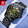 OLEVS Relógio de Pulso Masculino de Quartzo com Mostrador Rotativo 360° Fashion Roda Cubo de Roda Aro Carro Esportivo Aço Inoxidável à Prova d'Água