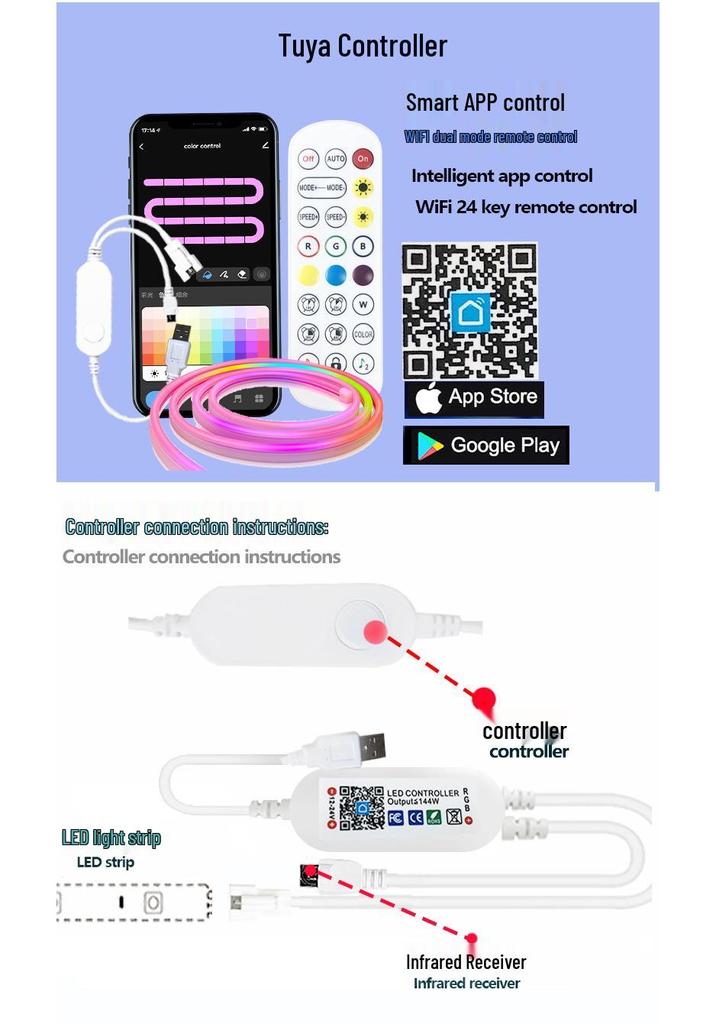 WiFi Bluetooth Color-Changing Neon Music Light Strip, USB Flexible Silicone, DIY Shape, Smart Running Light