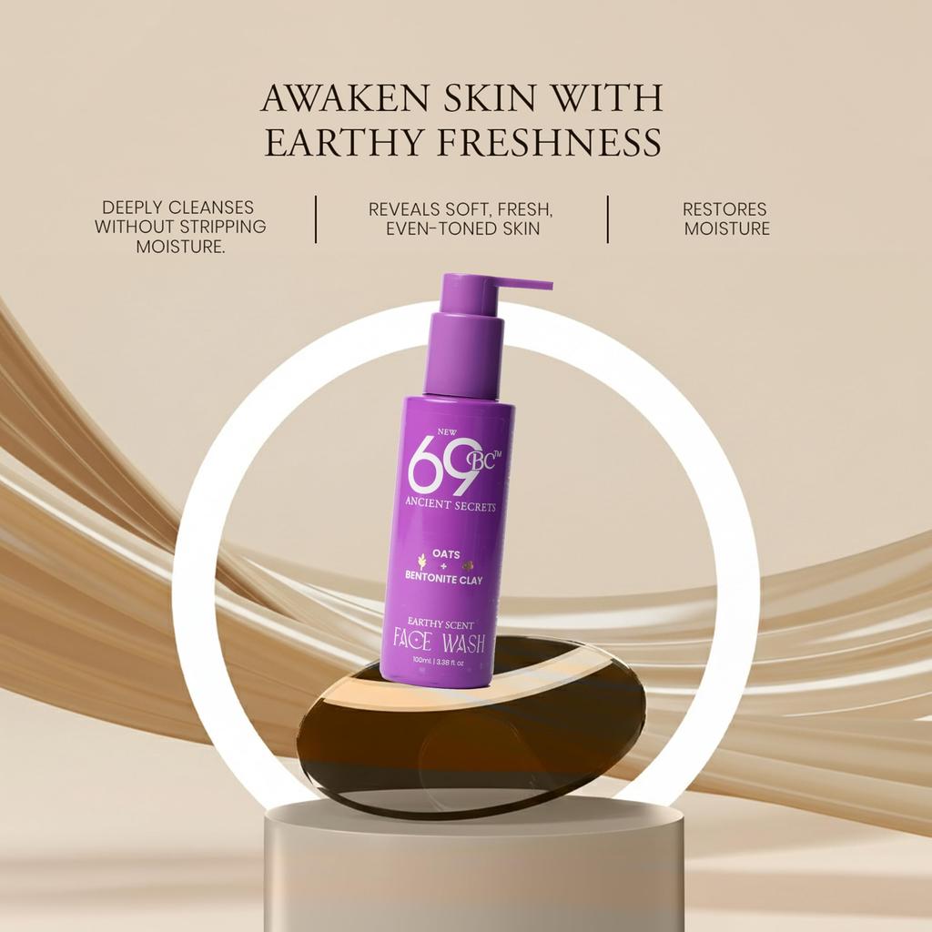 New69BC Oats + Bentonite Clay Face Wash with Vitamin C for Gentle Deep Cleansing, Earthy Scent, 100ml