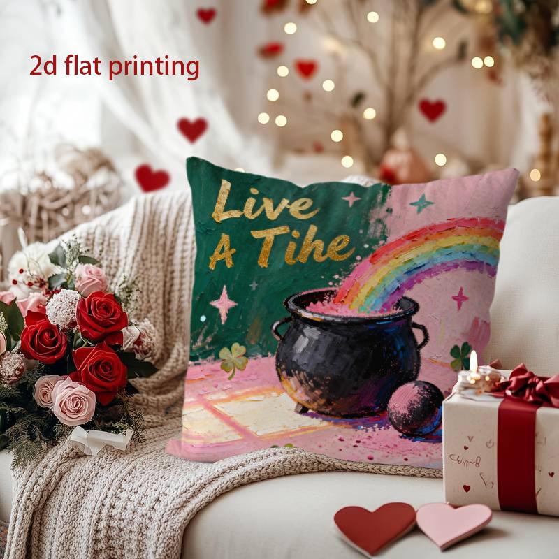 Happy Pot of Gold Rainbow Pillow for Festive Decor Pattern Cushion Cover Suitable for Sofa Bedroom Car Pillow Cover