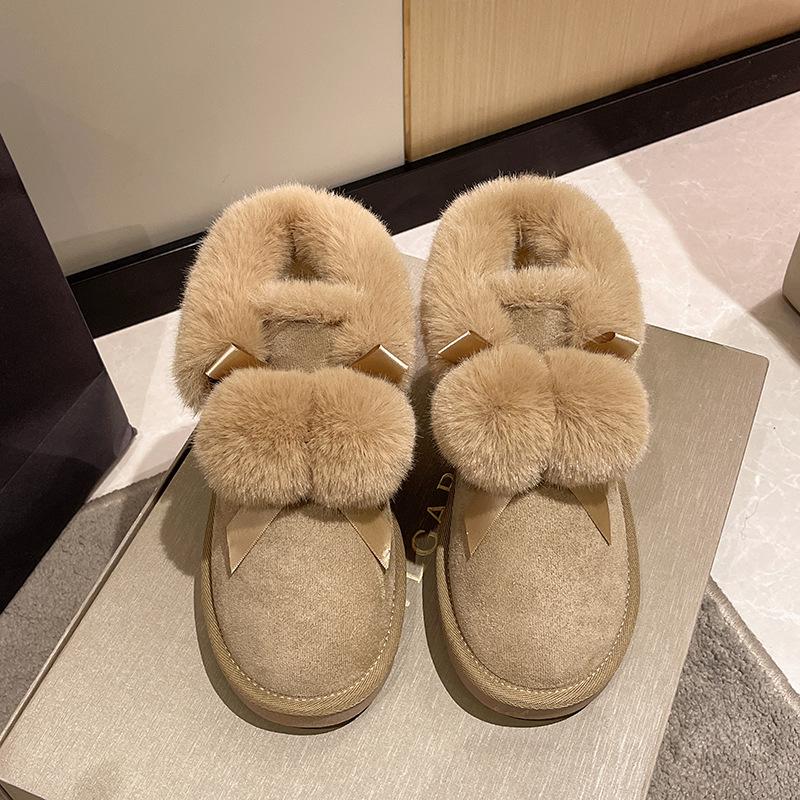 Women's Cute Fur Ball Fashion Lightweight Heightening Thick Sole Winter Warm Fur One Snow Boots Plush Lining Non-slip Casual Sports Cotton Boots