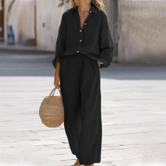 Women's Casual Two Piece Outfit Long Sleeve Button Down T Shirt And Wide Leg Pants Set Fall Spring Lounge Set