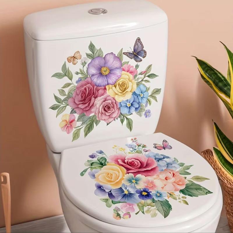 Floral Toilet Sticker Waterproof Easy to Clean Self-Adhesive Toilet Lid Wall Decal for Home Bathroom Decor
