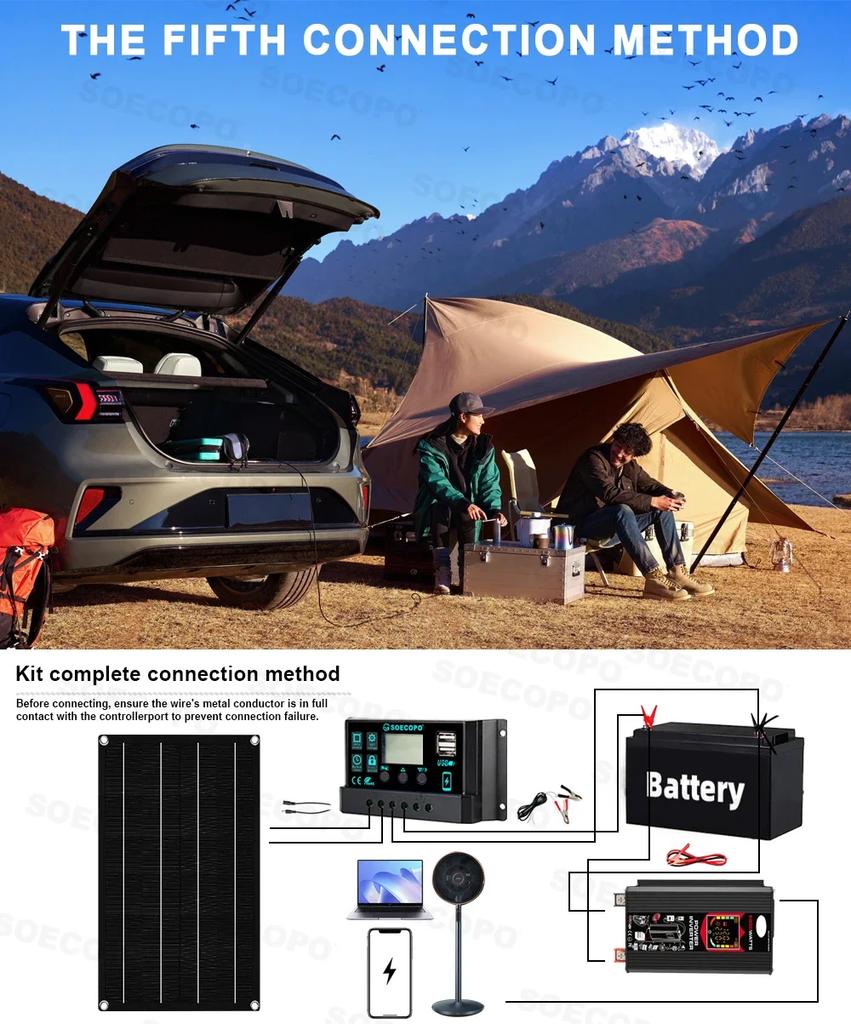SOECOPO 6000W Solar Power Station 800W Panel 100A Controller 12V To 110V 220V AC with Alligator Clips for Camping Home CE FCC