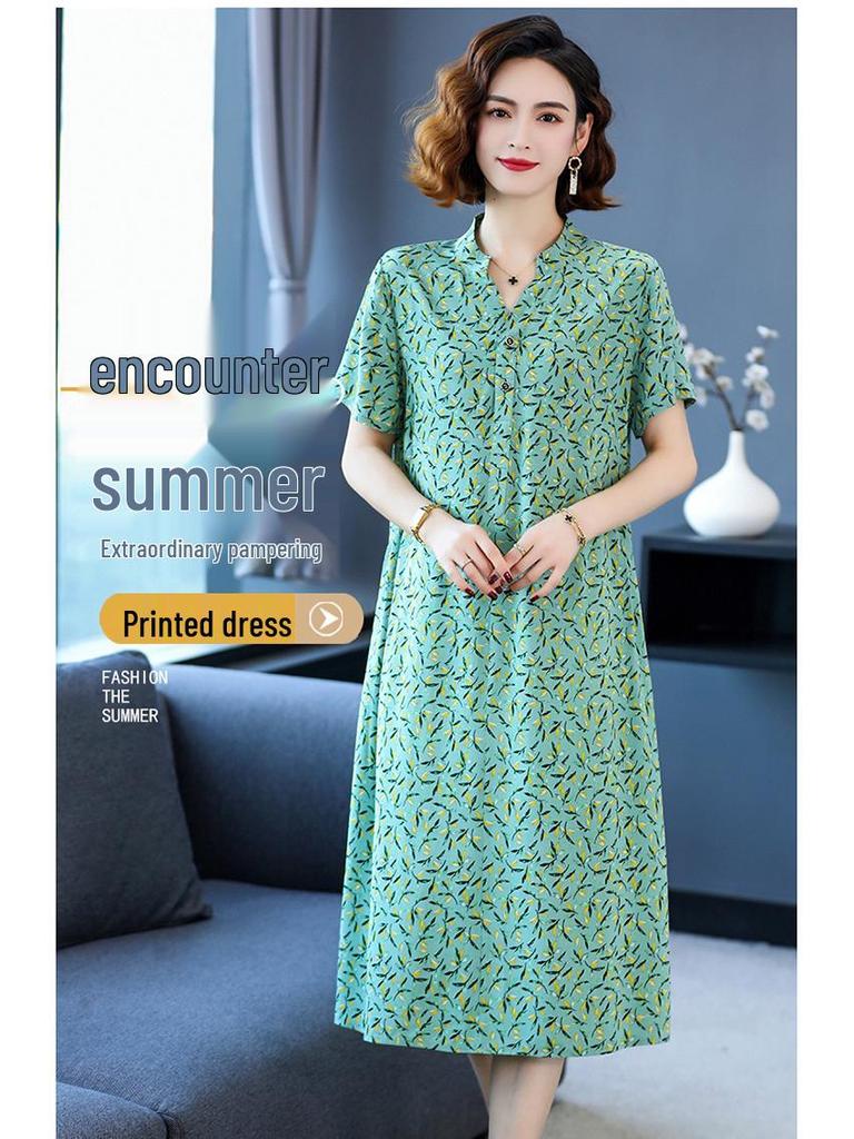 2024 Women's Floral Mid-Length Cotton Silk Slimming Plus Size Skirt Dress
