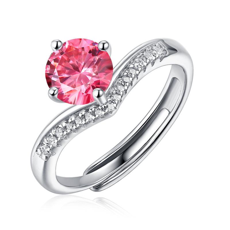 Bague Ringen S925 Silver Set 1ct Moissanite Luxury Round Bag Color Women's Six-prong Pink Adjustable Opening Ring