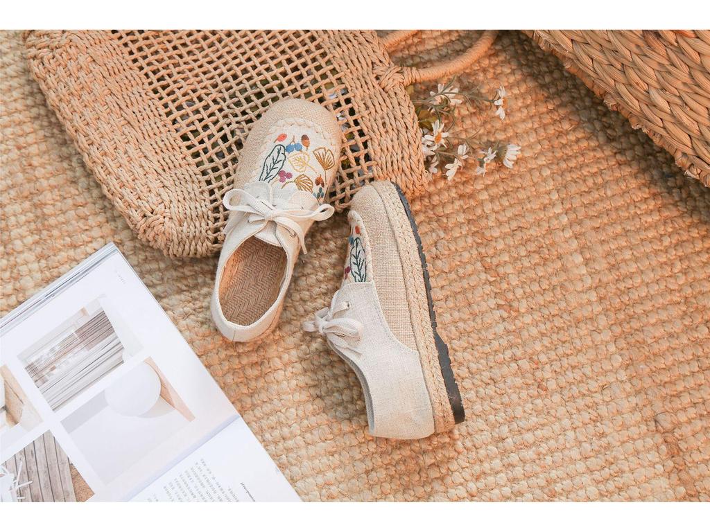 DX-23 Women's Autumn Linen Casual Shoes - Ethnic Embroidery, Lace-up Design