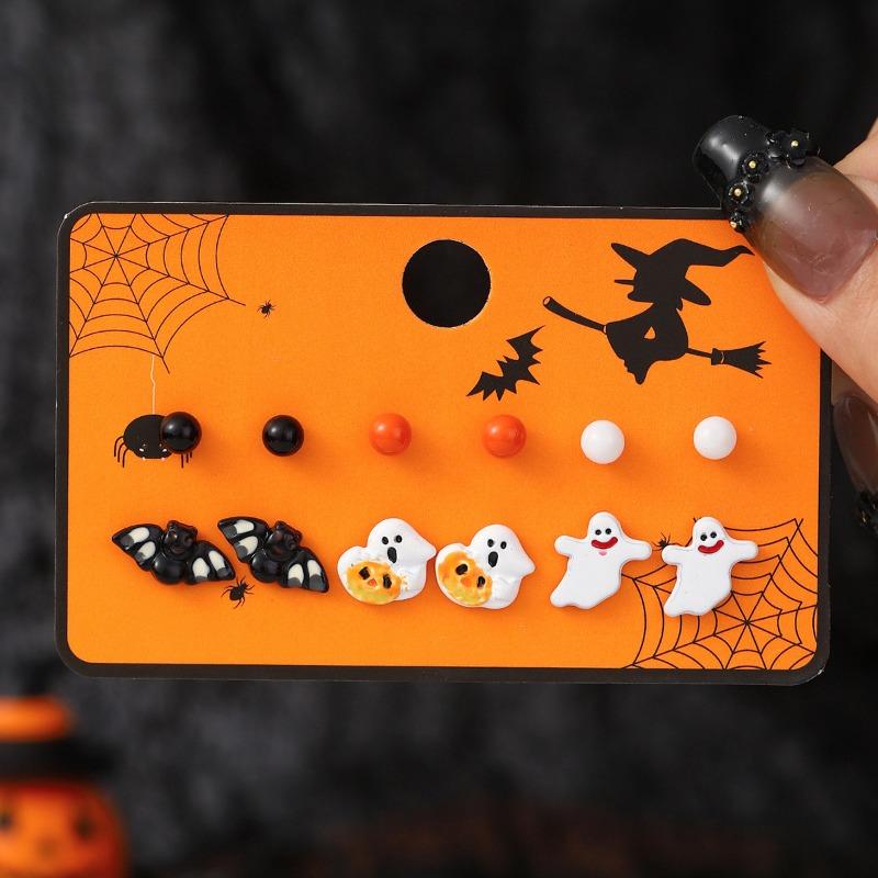 Hot Sale Halloween Stud Earrings Combination Cartoon Funny Pumpkin Head Ghost Bat Element Stud Earrings Set