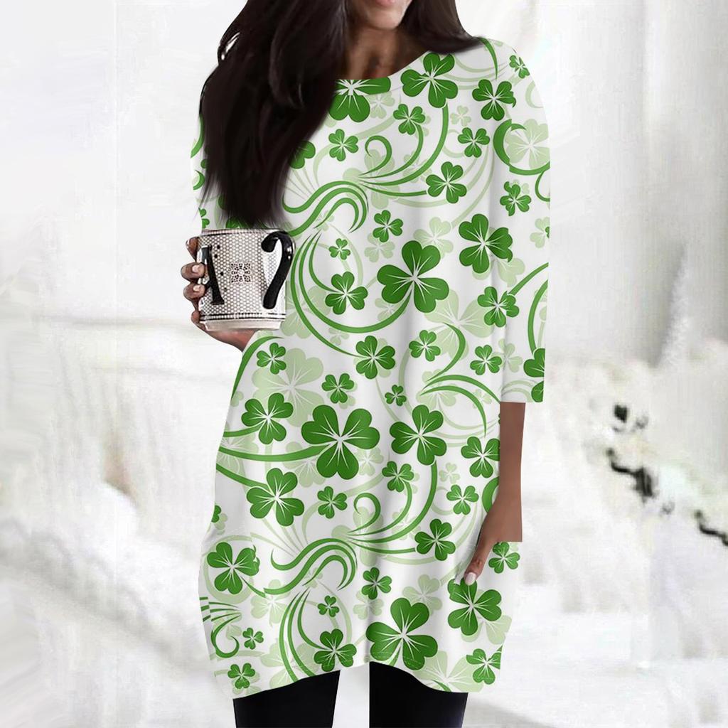 Women's  Casual 3/4 Sleeve Shirts Fashion St Patrick's Print Tunic Tops With Pockets