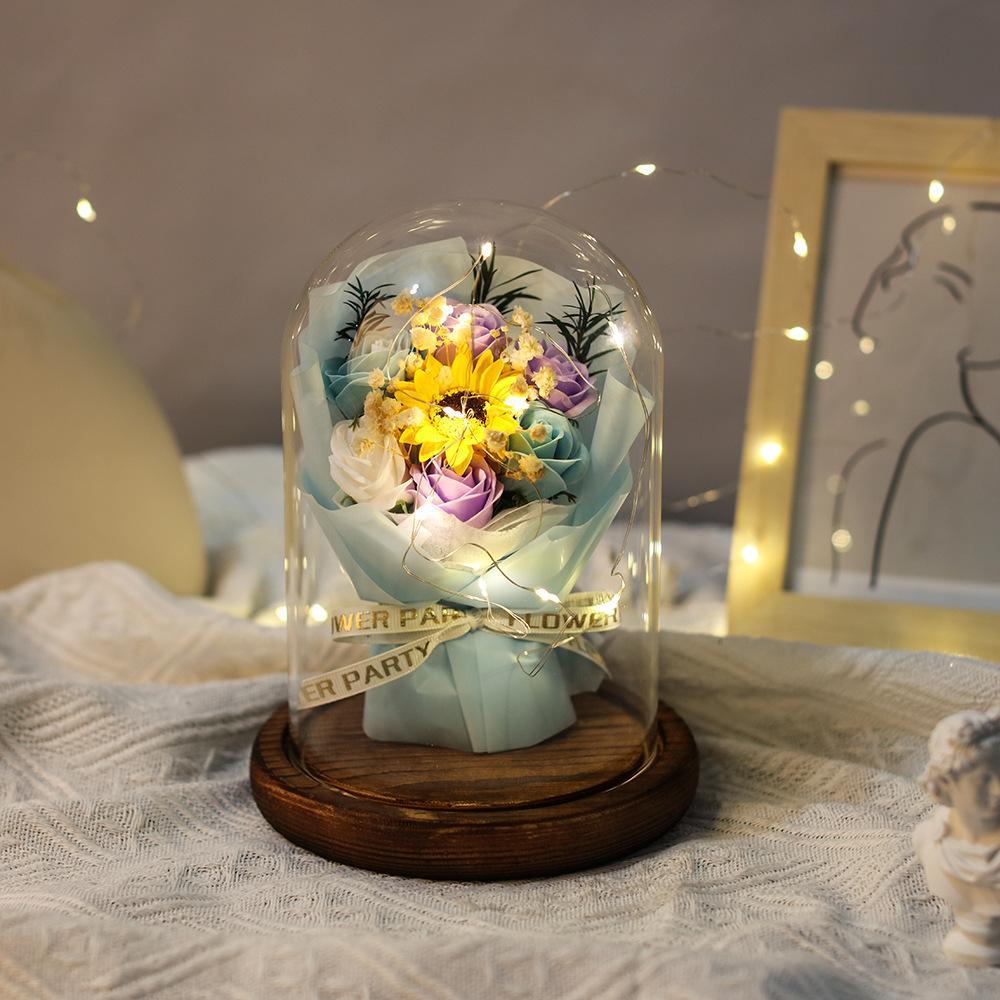 Soap Flower Rose Bouquet Simulation Bouquet Glass Cover Night Light Ornament Valentine's Day Gift