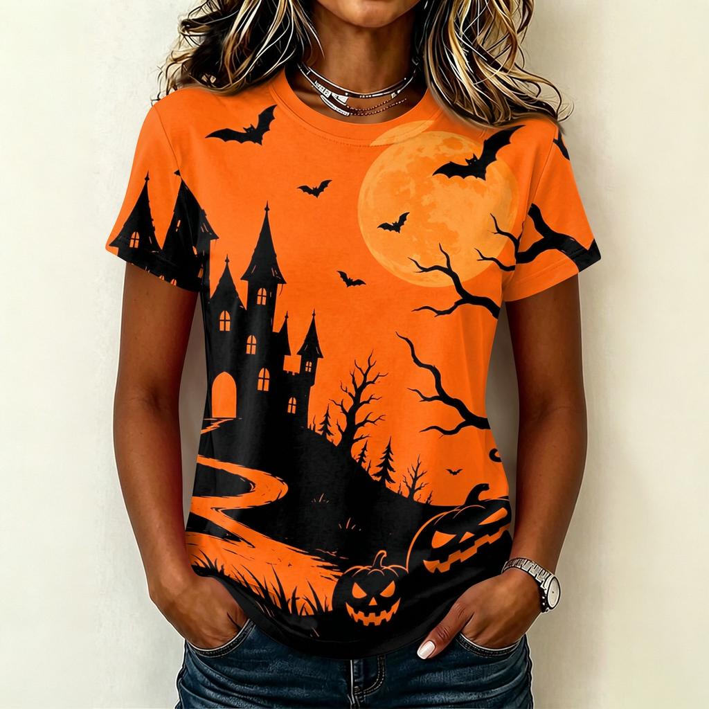 Women's Casual Pullover Short Sleeve T-Shirt Halloween Print Top Crew Neck Relaxed Fit Lightweight Tee for Everyday Wear